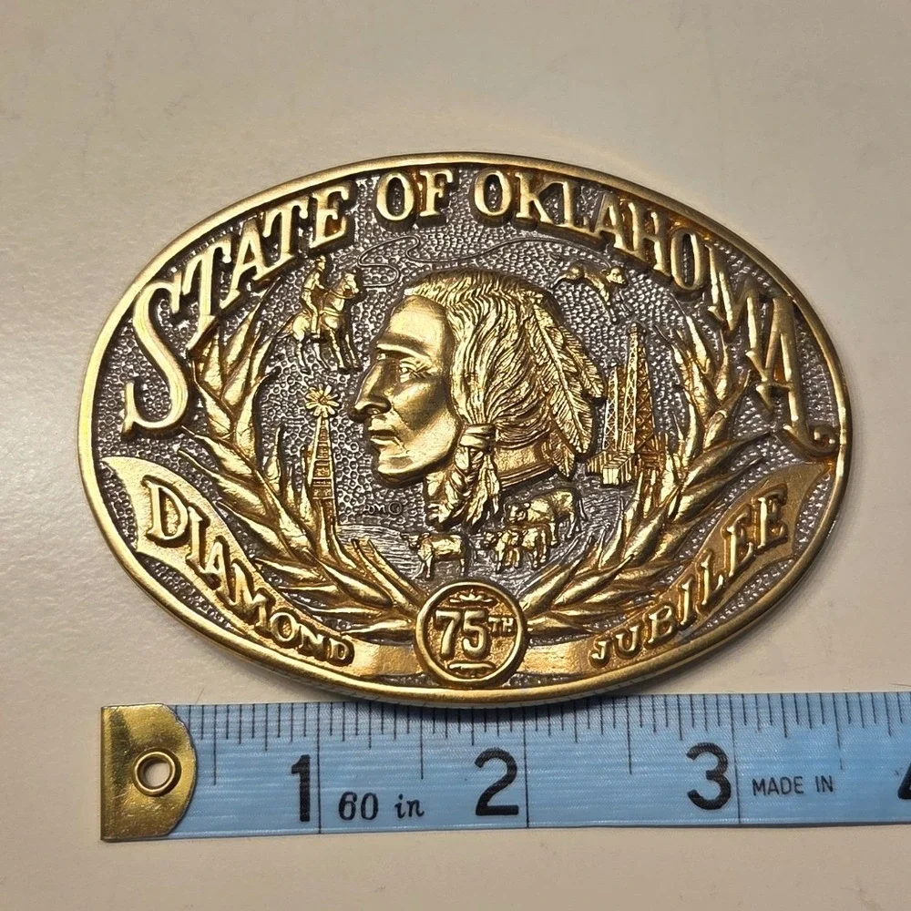 State of Oklahoma Diamond 75th Jubilee Belt Buckle 24K GP Award Design Medals